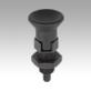 Indexing plungers, steel or stainless steel, with plastic mushroom grip, extended indexing pin, locking slot and locknut