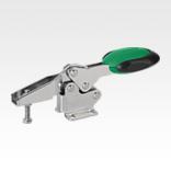 Toggle clamps horizontal with safety interlock with flat foot and adjustable clamping spindle, stainless steel