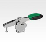 Toggle clamps horizontal with safety interlock with straight foot and adjustable clamping spindle, stainless steel