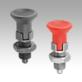 Indexing plungers, steel or stainless steel with plastic mushroom grip, locking slot and locknut