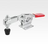 Toggle clamps horizontal with flat foot and adjustable clamping spindle