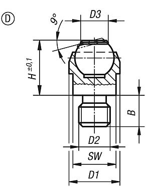 Self-aligning pads, Form D, with external thread, flattened ball, with POM insert