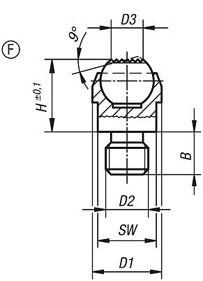 Self-aligning pads, Form F, with external thread, flattened ball, diamond grip