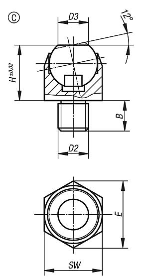 Self-aligning pads swivel angle 12°, Form C with external thread, flattened ball, smooth