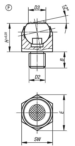 Self-aligning pads swivel angle 12°, Form F, with external thread, flattened ball, serrated face