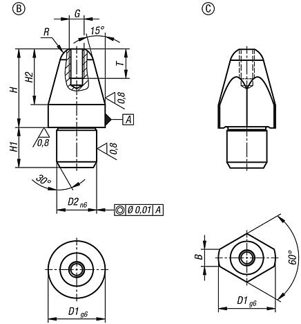 Locating pins with internal thread