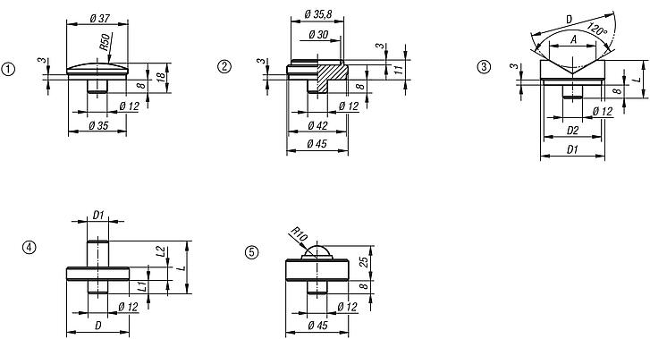 Screw rest inserts spherical, centring disc, prism, locating pin, revolving ball