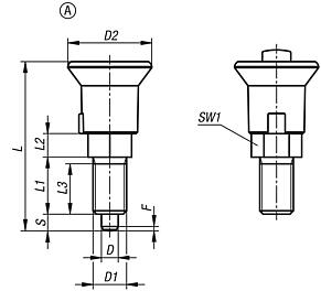 Indexing plungers, steel or stainless steel with plastic mushroom grip and lock