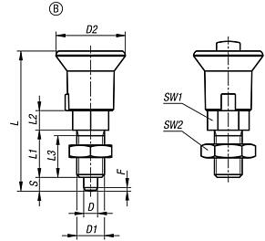 Indexing plungers, steel or stainless steel with plastic mushroom grip, lock and locknut