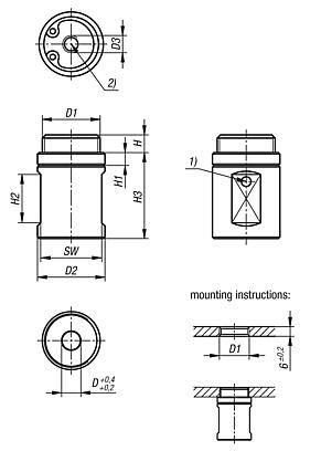 Locating adapters, cylindrical, stainless steel, pneumatic