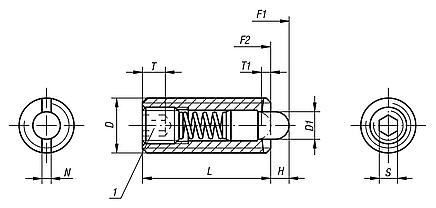 Spring plungers with hexagon socket and thrust pin, standard spring force, inch