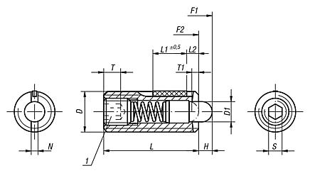 Spring plungers with hex socket and thrust pin, standard spring force, with thread lock, inch