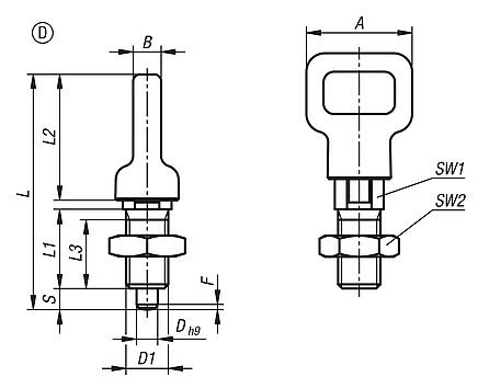 Indexing plungers steel or stainless steel, with plastic eyelet grip, Form D