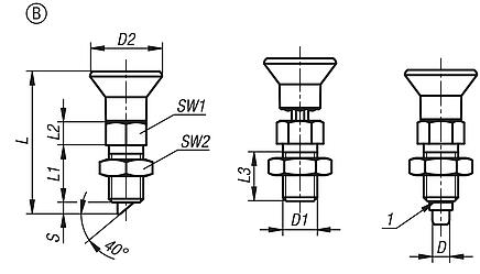 Indexing plungers, steel or stainless steel with plastic mushroom grip, rotation lock, lead-in chamfer and locknut