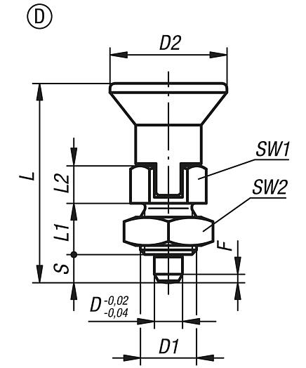 Indexing plungers, steel or stainless steel, short version with plastic mushroom grip, locking slot and locknut