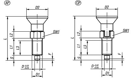 Indexing plungers, steel or stainless steel with plastic mushroom grip and thread lock