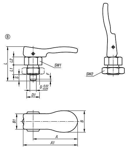 Indexing plunger, steel or stainless steel, short version with plastic can lever and locknut