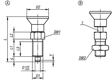 Indexing plungers, steel with plastic mushroom grip and locked mark