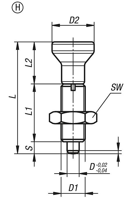 Indexing plungers, stainless steel, without collar, with stainless steel mushroom grip and locknut