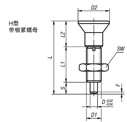 钢制或不锈钢无凸缘锁紧柱栓，带塑料蘑菇头把手和加长锁紧销以及锁紧螺母