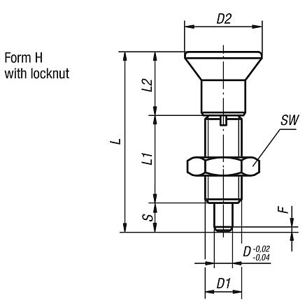 Indexing plungers, steel or stainless steel, without collar, with plastic mushroom grip, extended indexing pin and locknut