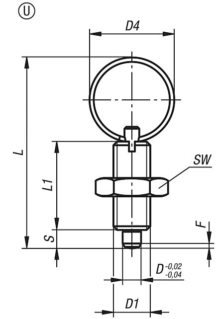 Indexing plungers, steel or stainless steel, without collar, with stainless steel pull ring and locknut