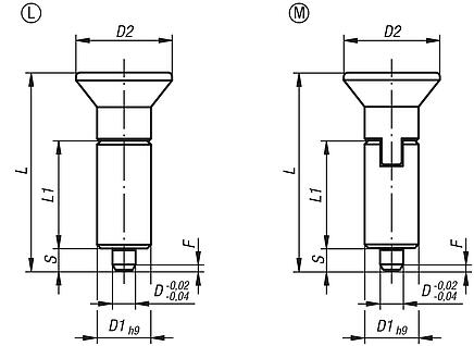 Indexing plungers, steel or stainless steel, smooth version without collar, with plastic mushroom grip