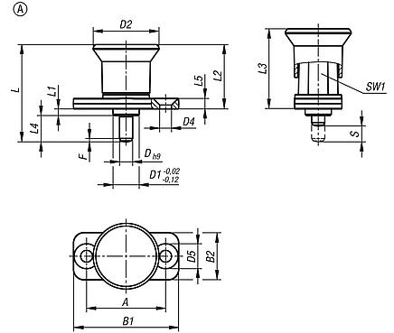 Indexing plunger mini, die-cast zinc with plastic mushroom grip and mounting flange