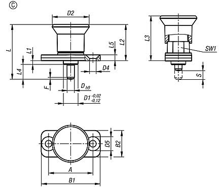 Indexing plunger mini, die-cast zinc with plastic mushroom grip and mounting flange and locking slot