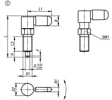 Cam-action indexing plunger, steel with internal guide, Form C, with grip cap, without nut