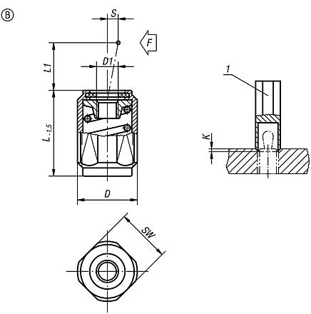 Lateral spring plungers with threaded sleeve, without thrust pin, Form B, with seal