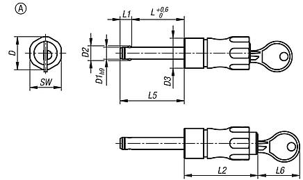 Ball lock pins, lockable with grip hollow