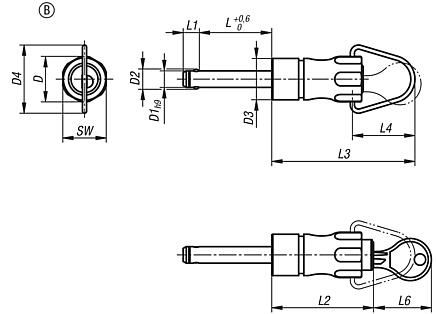 Ball lock pins, lockable with grip hollow and ring