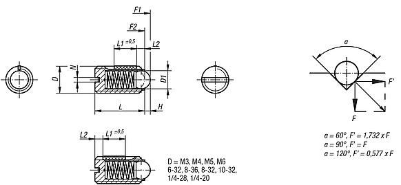 Spring plungers with slot and ball, steel, with thread lock, inch