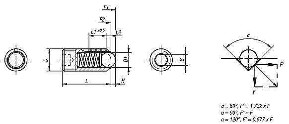 Spring plungers with hex socket and ball, steel, with thread lock