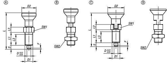 Indexing plungers, stainless steel with stainless steel mushroom grip