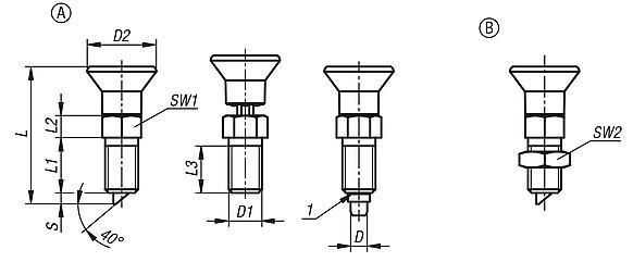 Indexing plungers, steel or stainless steel with plastic mushroom grip, rotation lock and lead-in chamfer