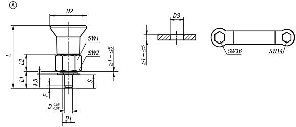 Indexing plungers, steel or stainless steel for thin-walled parts, with plastic mushroom grip