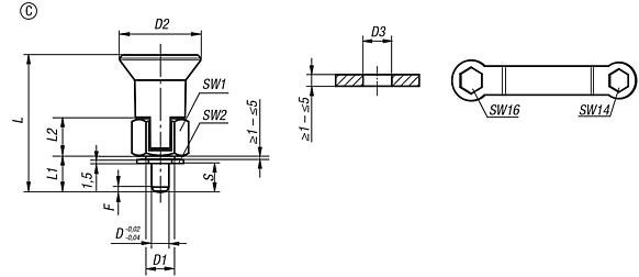 Indexing plungers, steel or stainless steel for thin-walled parts, with plastic mushroom grip and locking slot