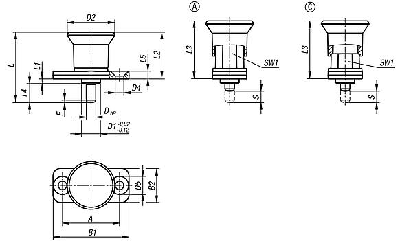 Indexing plunger mini, die-cast zinc with plastic mushroom grip and mounting flange