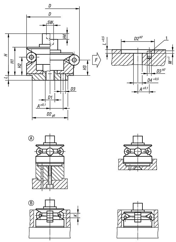 Centring clamps with ball or hexagon segments