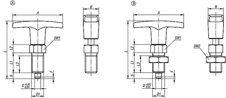 Indexing plungers, steel or stainless steel with plastic T-grip