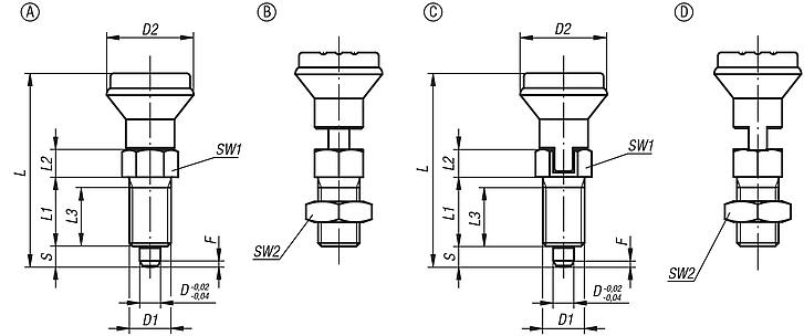 Indexing plungers, steel or stainless steel with plastic mushroom grip