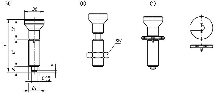 Indexing plungers, stainless steel, without collar, with stainless steel mushroom grip