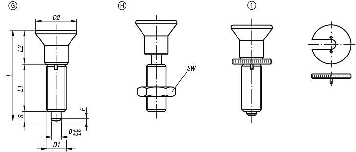 Indexing plungers, steel or stainless steel without collar, with plastic mushroom grip