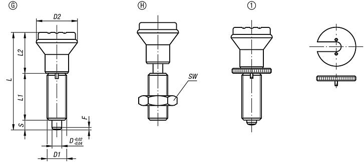 Indexing plungers, steel or stainless steel without collar, with plastic mushroom grip