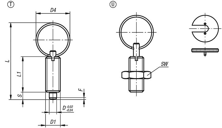 Indexing plungers, steel or stainless steel without collar, with stainless steel pull ring