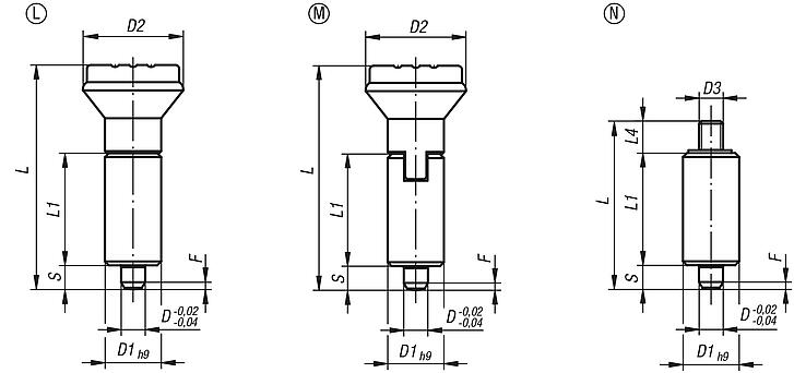 Indexing plungers, steel or stainless steel, smooth version without collar, with plastic mushroom grip