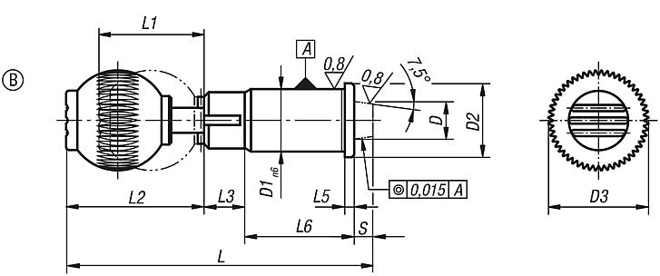 Precision indexing plungers, steel with plastic spherical knob, tapered indexing pin and locking slot