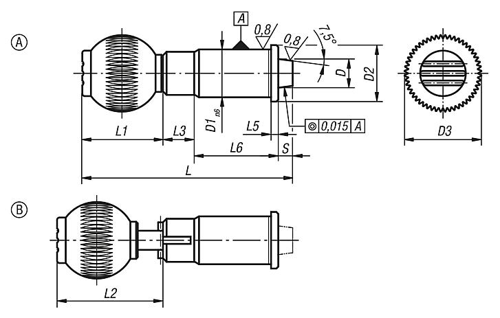 Precision indexing plungers, steel with plastic spherical knob and tapered indexing pin